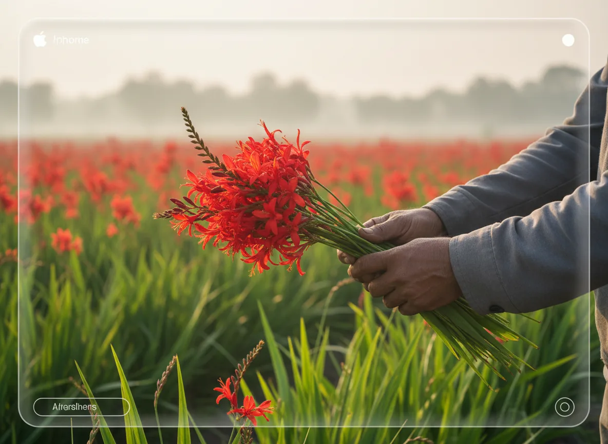 Farmer in Muzaffarnagar bunching brilliant red Crocosmia flower stems after a successful harvest from their field.