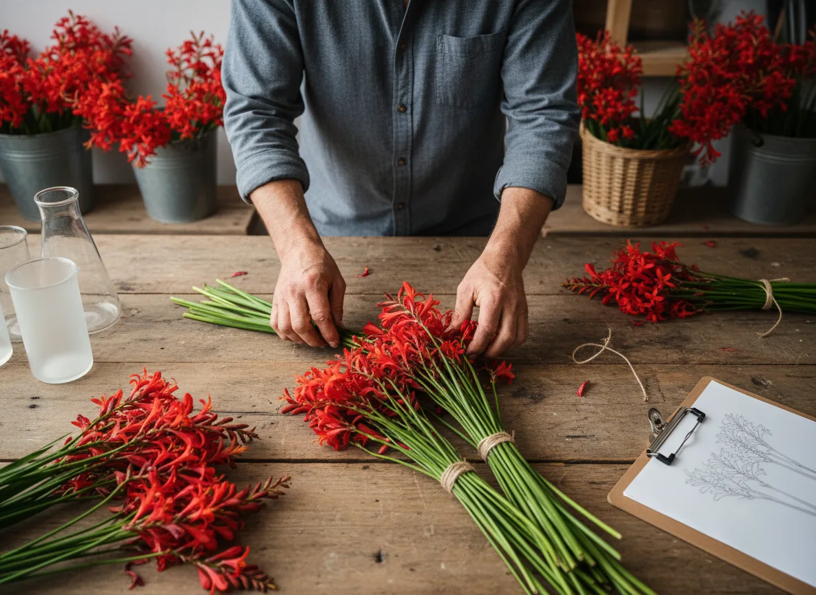 Farmer's hands sorting and bunching vibrant red Crocosmia 'Lucifer' cut flower stems on a wooden table.
