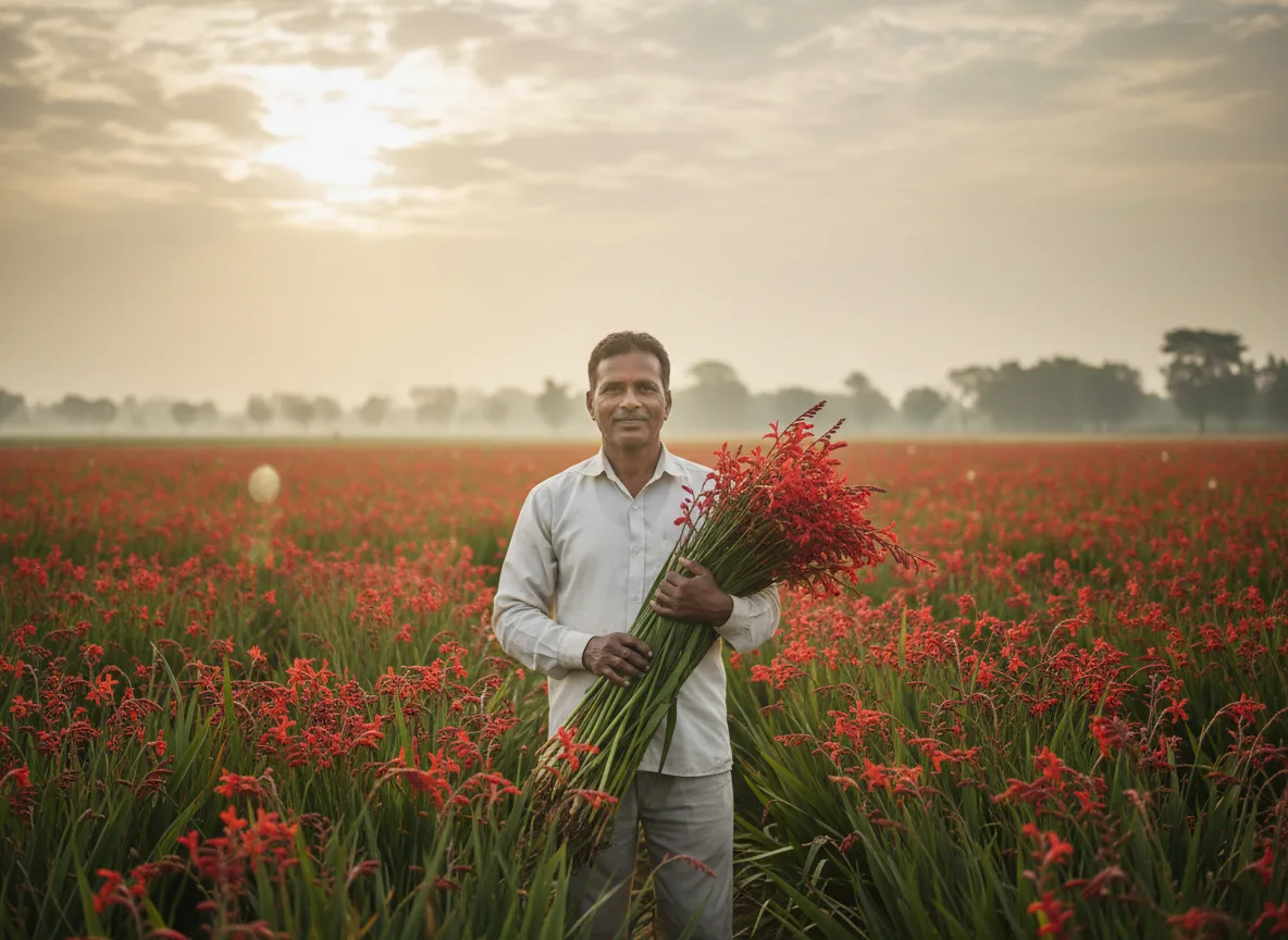 An Indian farmer stands proudly in his field, holding a bunch of freshly harvested red Crocosmia 'Lucifer' flower stems.