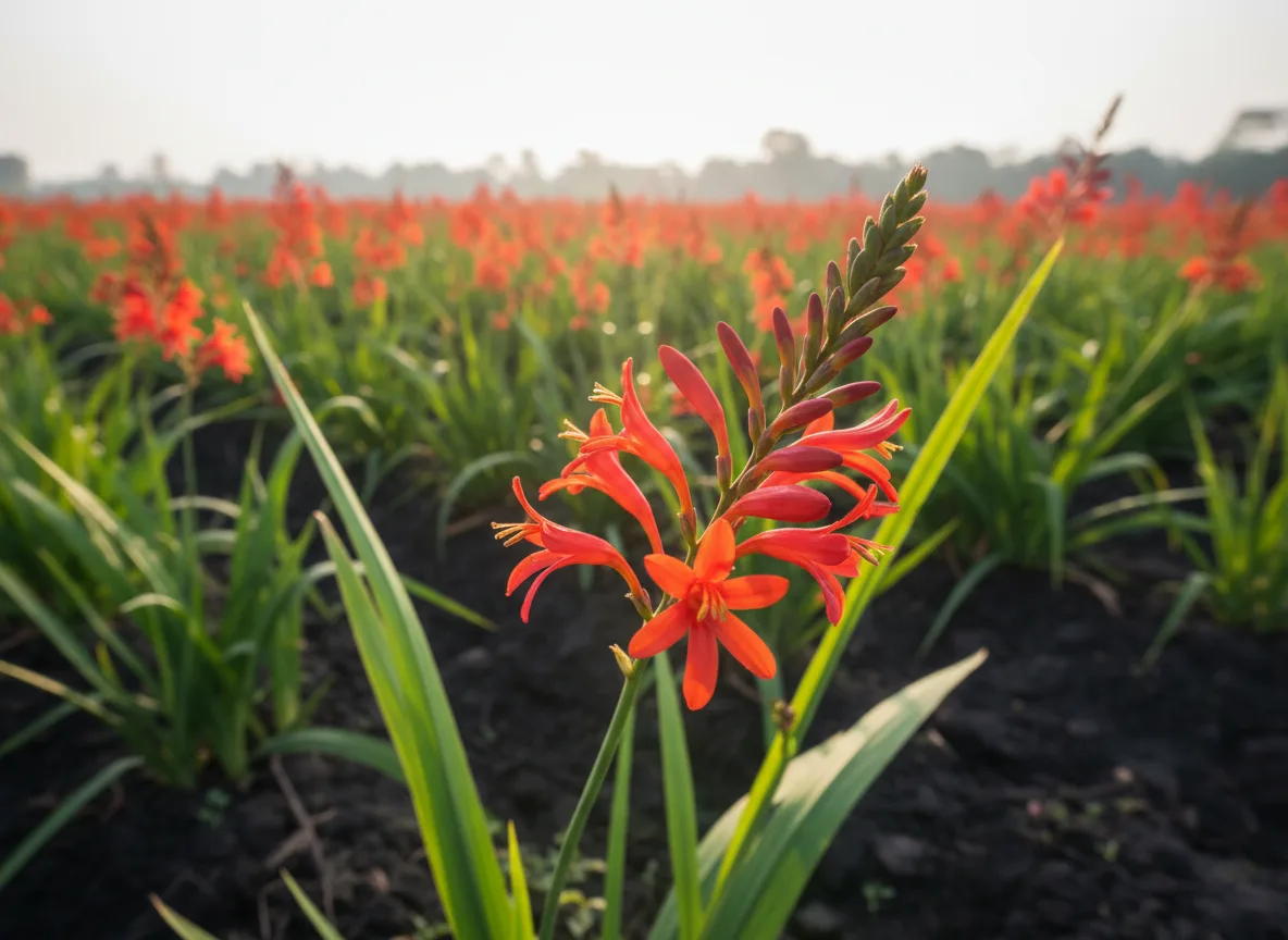 A close-up of a fiery red Crocosmia 'Lucifer' flower spike, ready for harvest in a field near Indore, India.