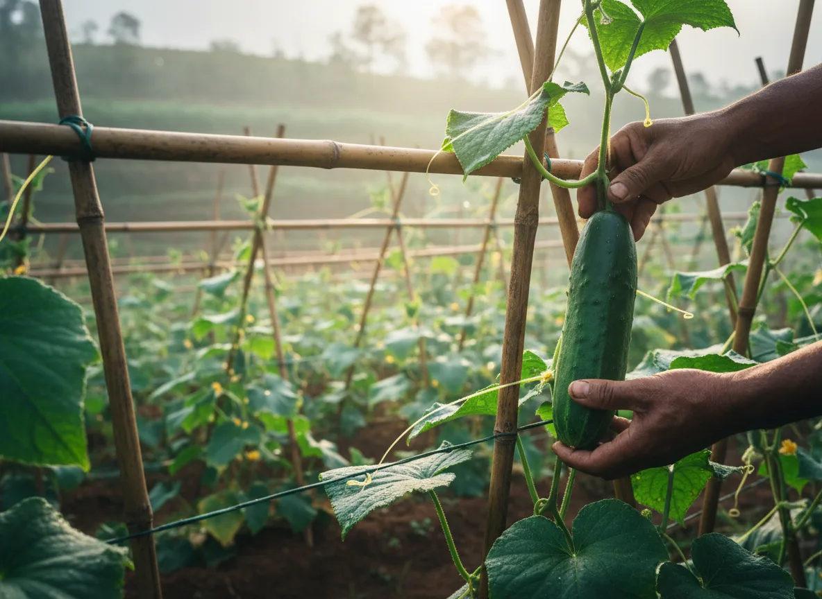 A farmer harvesting a fresh green cucumber from a trellis in a terraced field in Meghalaya.