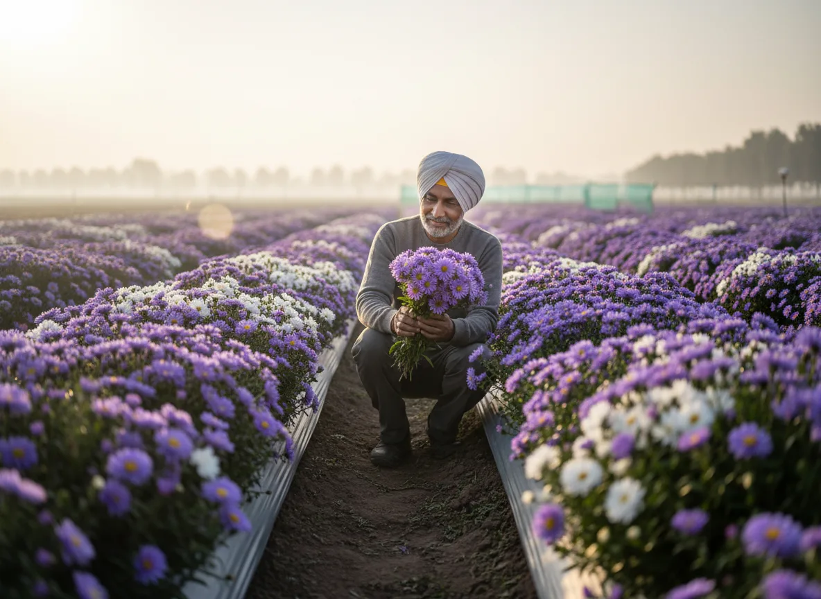 A farmer in the Indus Valley inspects a vibrant crop of purple and white Aster flowers in his field during a sunny morning.