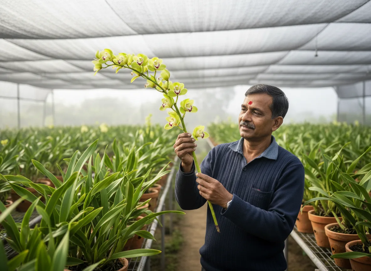 Indian farmer inspecting a flowering spike of green Cymbidium orchids inside a shade net house in the Western Ghats.