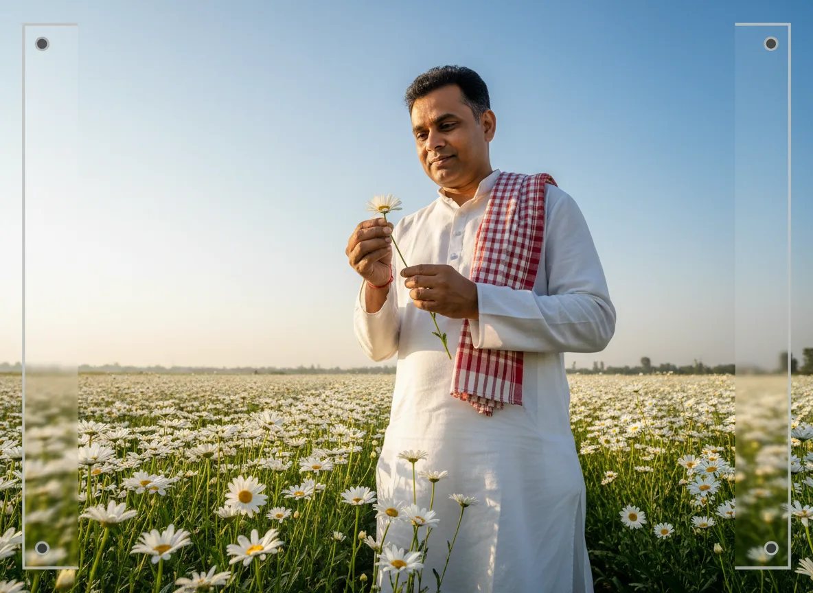 An Indian farmer inspects a white Shasta daisy flower in his field in Uttar Pradesh, a symbol of successful floriculture.