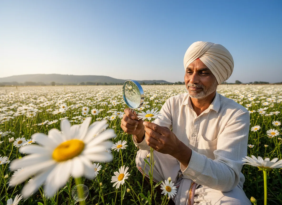 An Indian farmer inspecting a white Shasta daisy flower in a large field in Maharashtra, representing successful daisy cultivation.