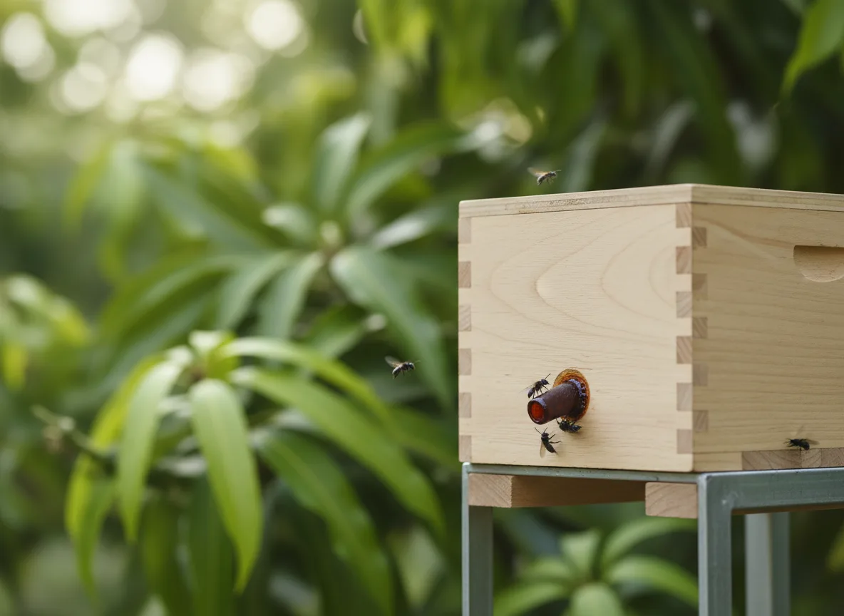 A wooden hive box for Dammer bees, with tiny stingless bees at the entrance, placed in a green garden in Bihar.