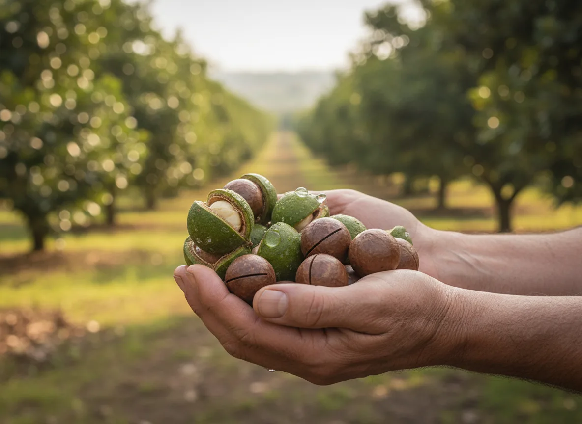 A farmer's hands holding harvested macadamia nuts in a sunlit orchard in the Deccan Plateau, India.
