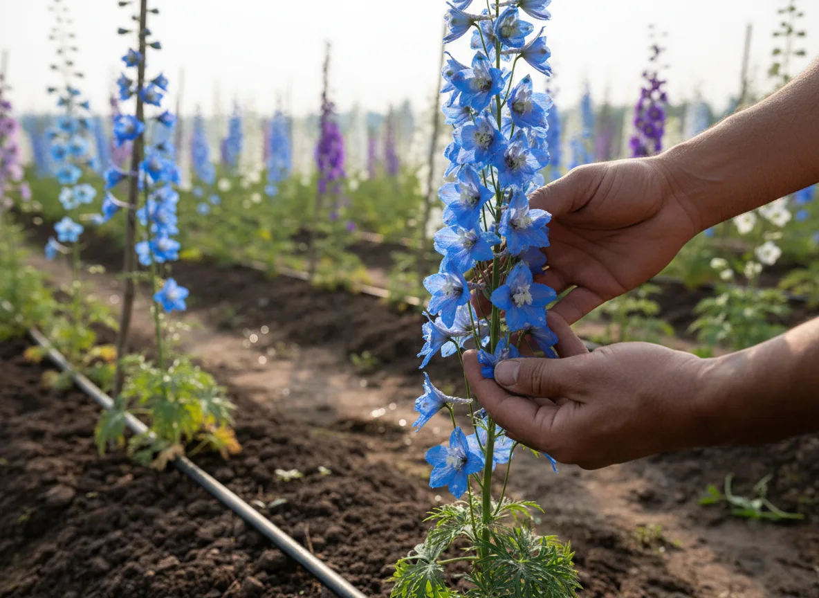 A farmer inspecting a tall blue Delphinium flower spike in a commercial field in Saurashtra, India.