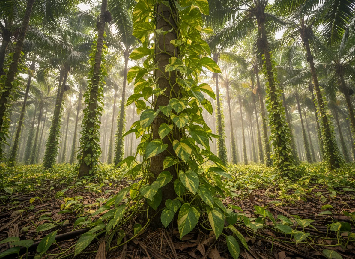 Lush Devil's Ivy (Money Plant) vines with variegated leaves climbing up areca nut palm trunks in a Konkan plantation.
