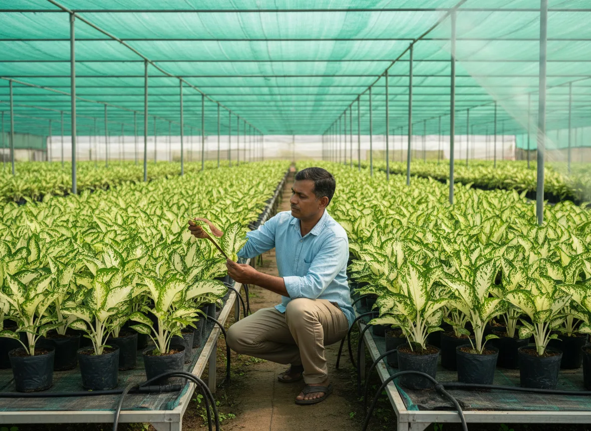 A farmer inspecting lush Dieffenbachia plants growing inside a shade house in the Cauvery Basin region of India.