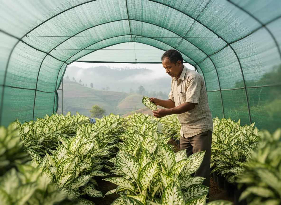A Naga farmer inspecting the large, variegated leaves of Dieffenbachia plants growing inside a shade house in Nagaland.