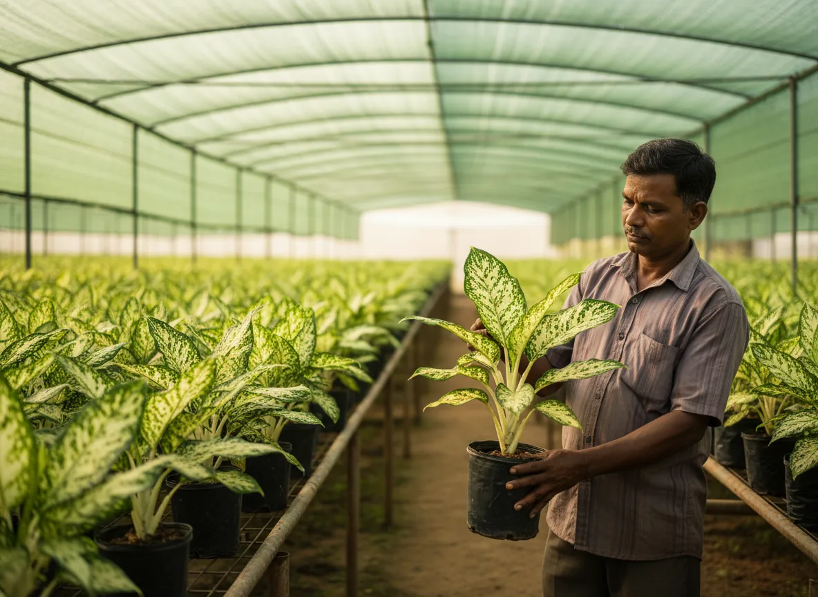 A farmer in a shade house in Vidarbha inspecting a lush, healthy Dieffenbachia plant, representing profitable horticulture.