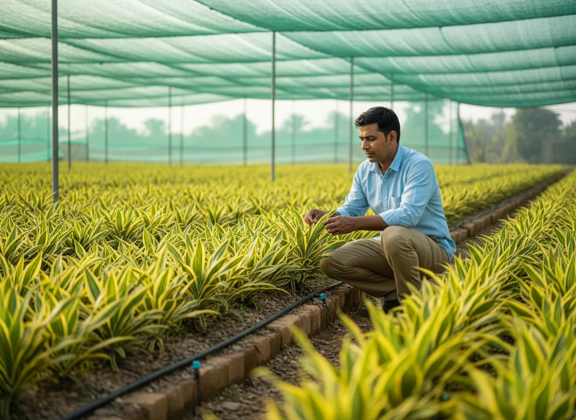 A farmer inspects healthy Dracaena 'Song of India' plants growing in neat rows inside a shade net house in Gujarat.