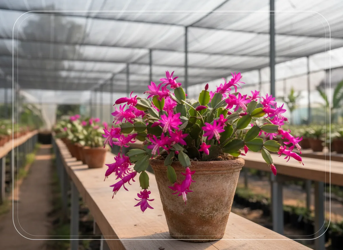 A healthy Easter Cactus with bright pink flowers blooming in a terracotta pot in a nursery setting.
