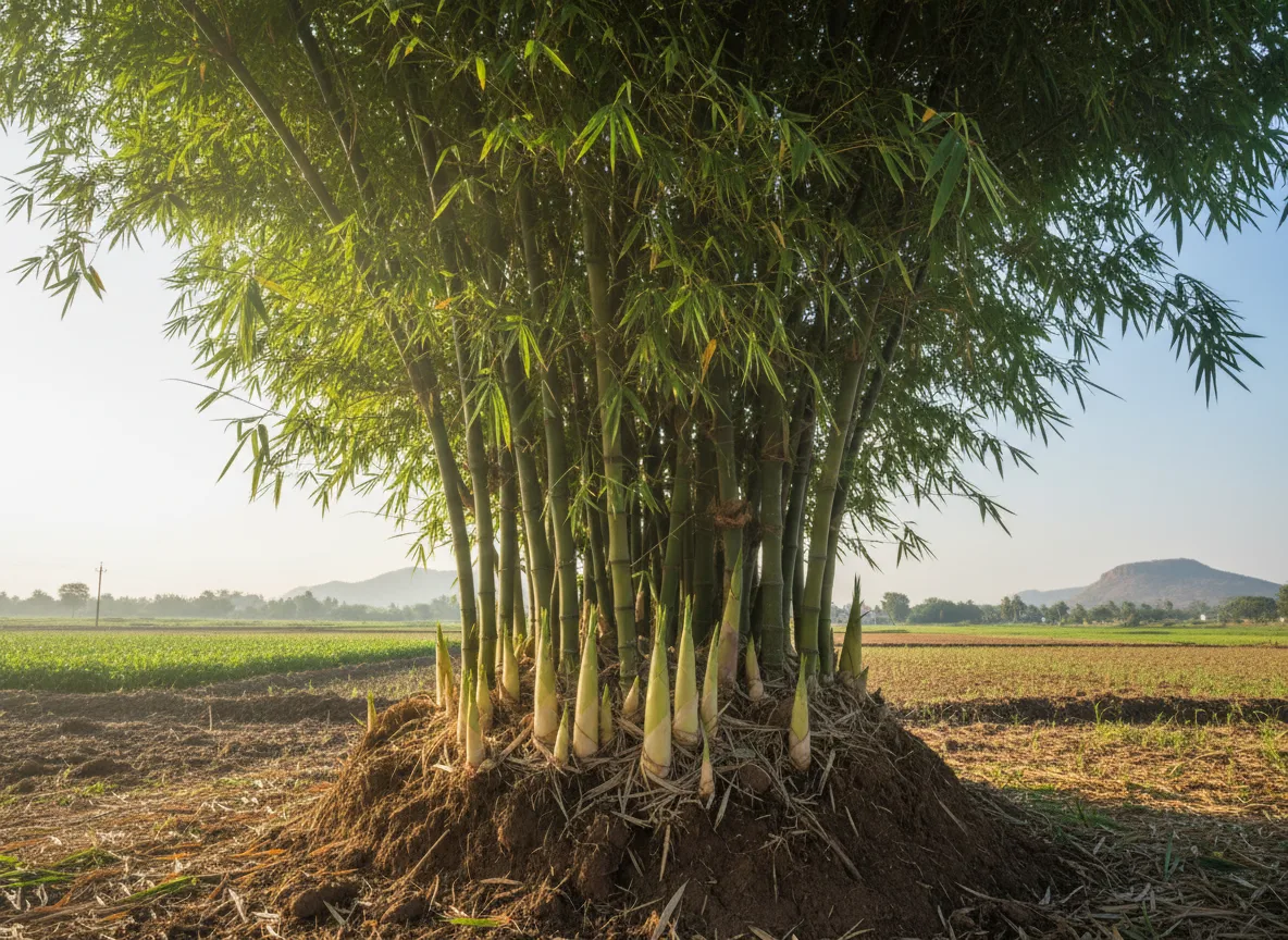 Tender, edible bamboo shoots emerging from the soil at the base of a mature bamboo clump in a Madurai farm.