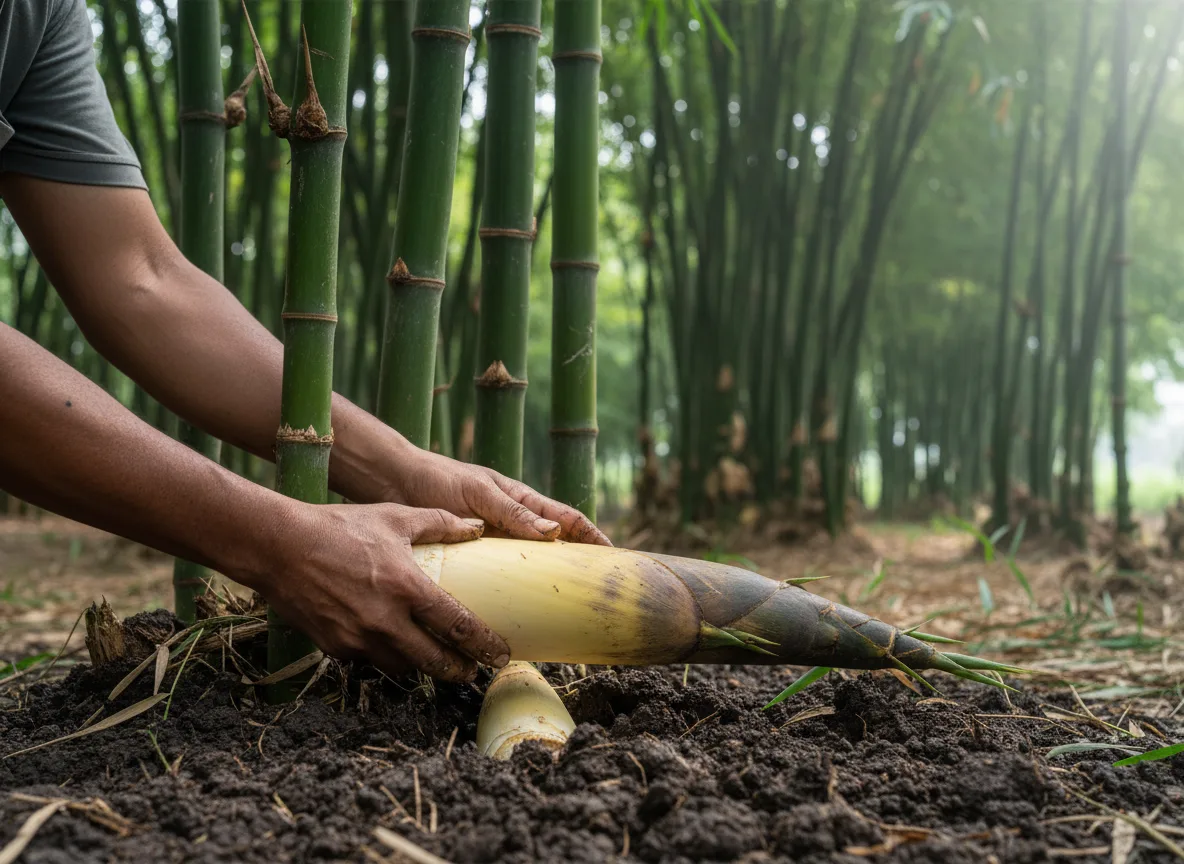 A farmer carefully harvesting a fresh, edible bamboo shoot at the base of a bamboo clump in a Belagavi plantation.