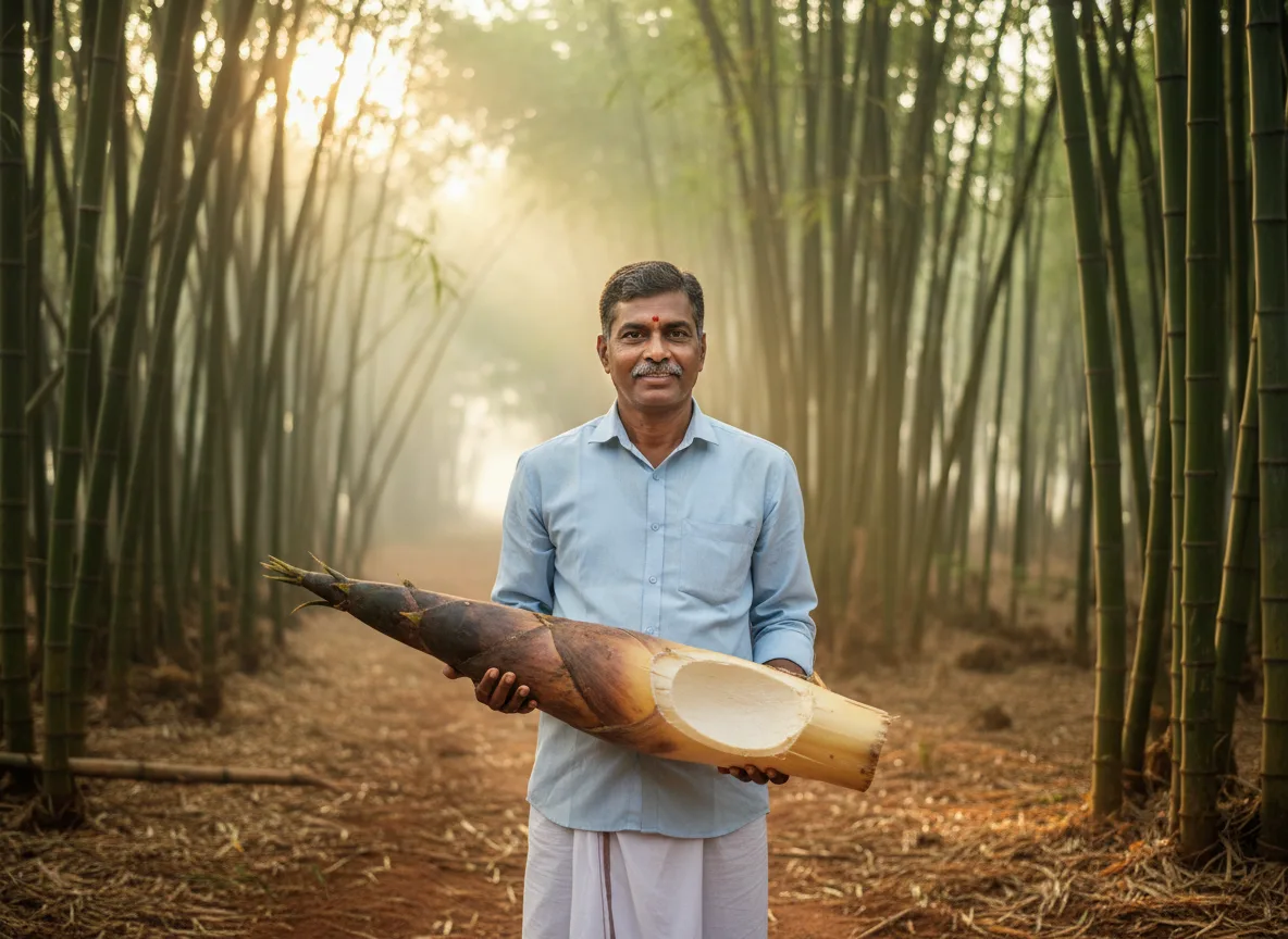 A farmer in Kolar, India, holds a large, fresh edible bamboo shoot in his thriving plantation, showcasing a successful harvest.