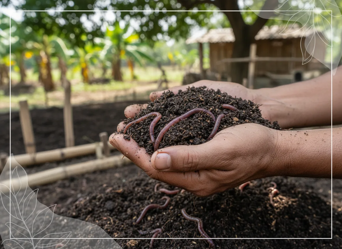 Farmer's hands holding a handful of dark, nutrient-rich vermicompost with Eisenia fetida earthworms visible.