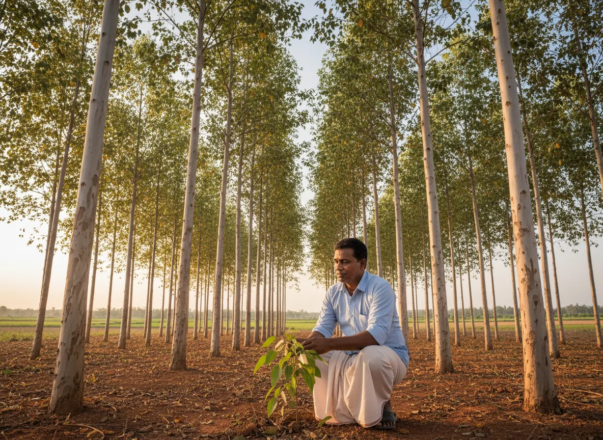 A farmer in Odisha inspects a young tree in his well-managed Eucalyptus plantation at sunset.