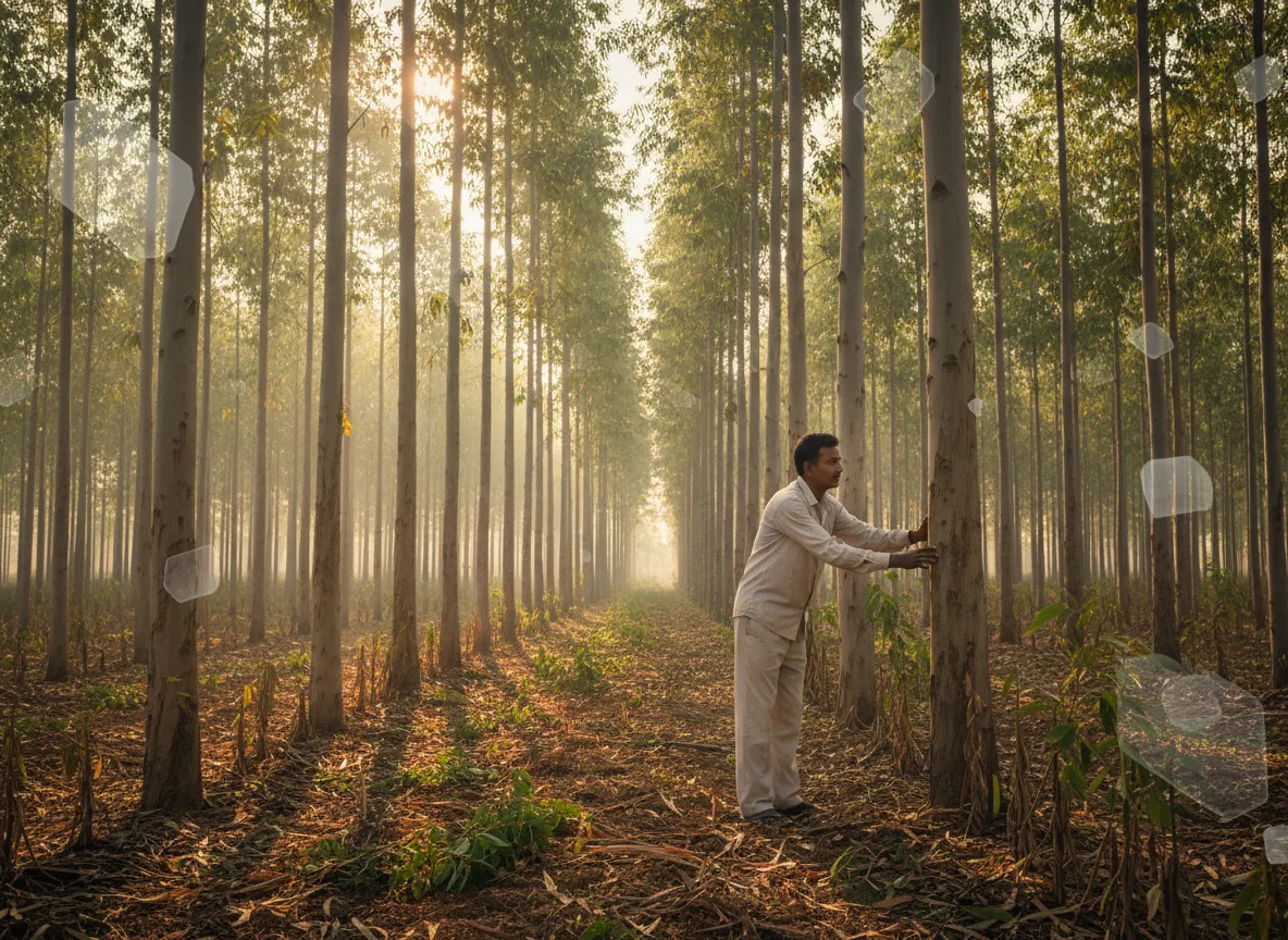 A farmer inspects a tall, healthy Eucalyptus tree in a well-managed plantation in the Gangetic plains of India.