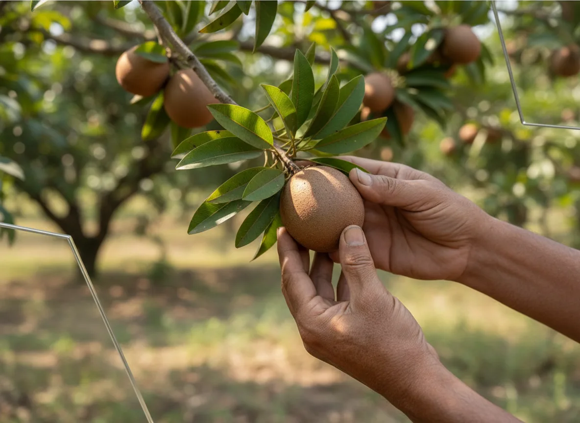 A farmer in the Gangetic plains carefully harvesting a ripe Kalipatti Sapota (Chiku) from the tree.