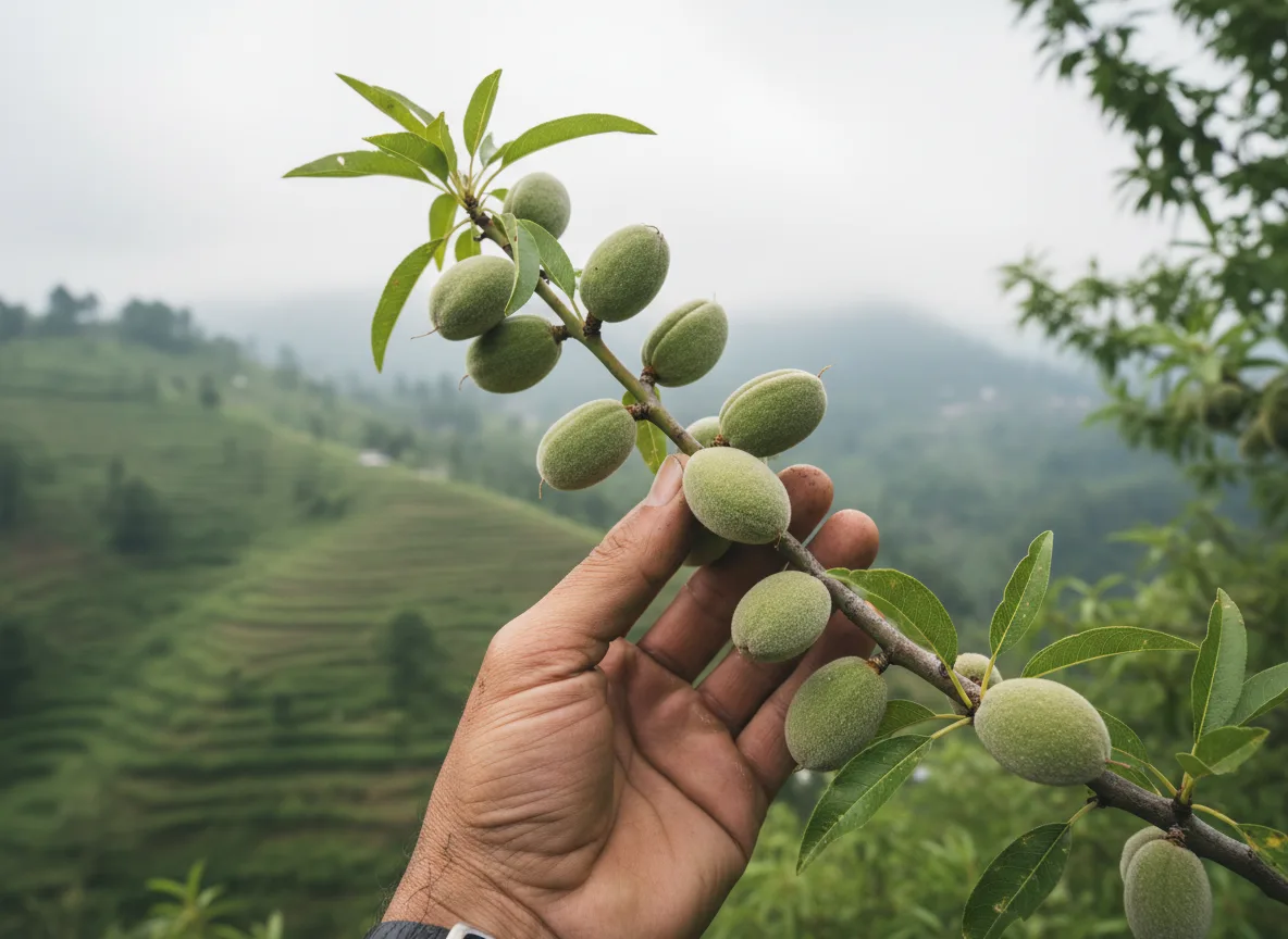 A farmer's hand holds a branch of developing almonds on a tree, with the terraced green hills of Sikkim in the background.