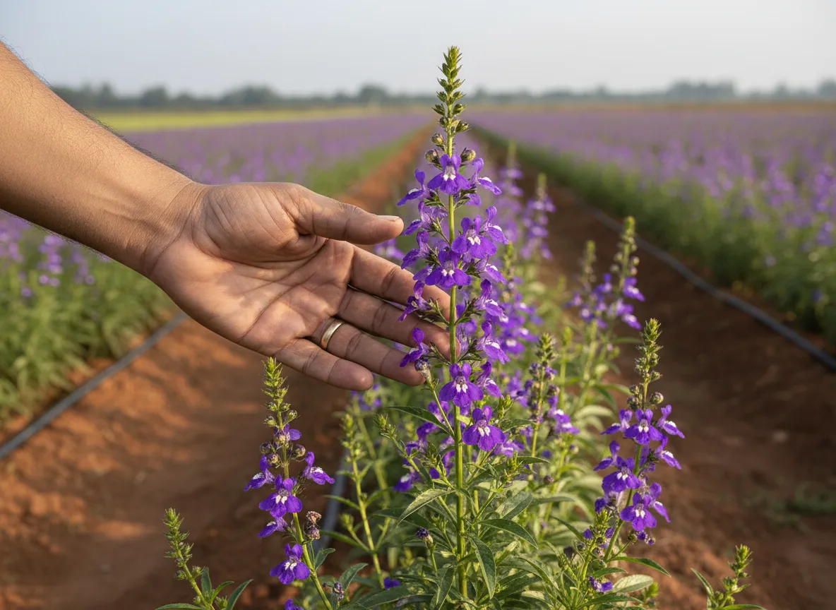 A farmer inspecting a healthy purple Angelonia flower spike in a field in Kurnool, showcasing successful cultivation practices.