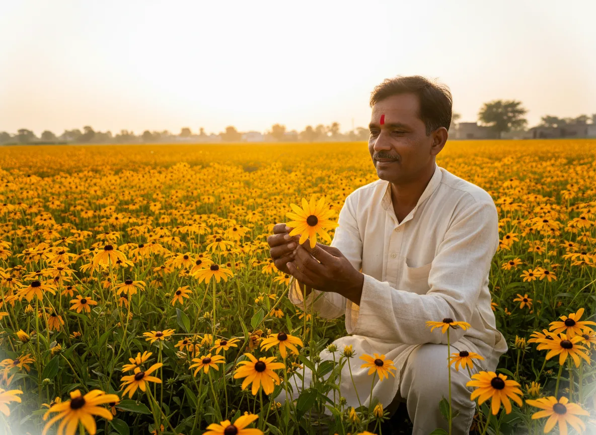 An Indian farmer in a field of golden Black-Eyed Susan flowers in Purvanchal, inspecting a bloom.