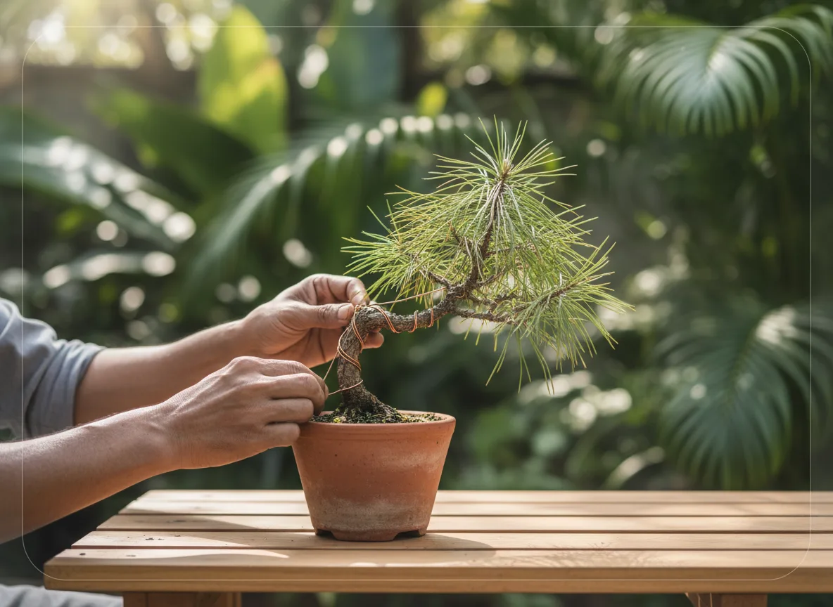 Close-up of a gardener's hands wiring a small Chir Pine bonsai tree in a terracotta pot in an Odisha garden.