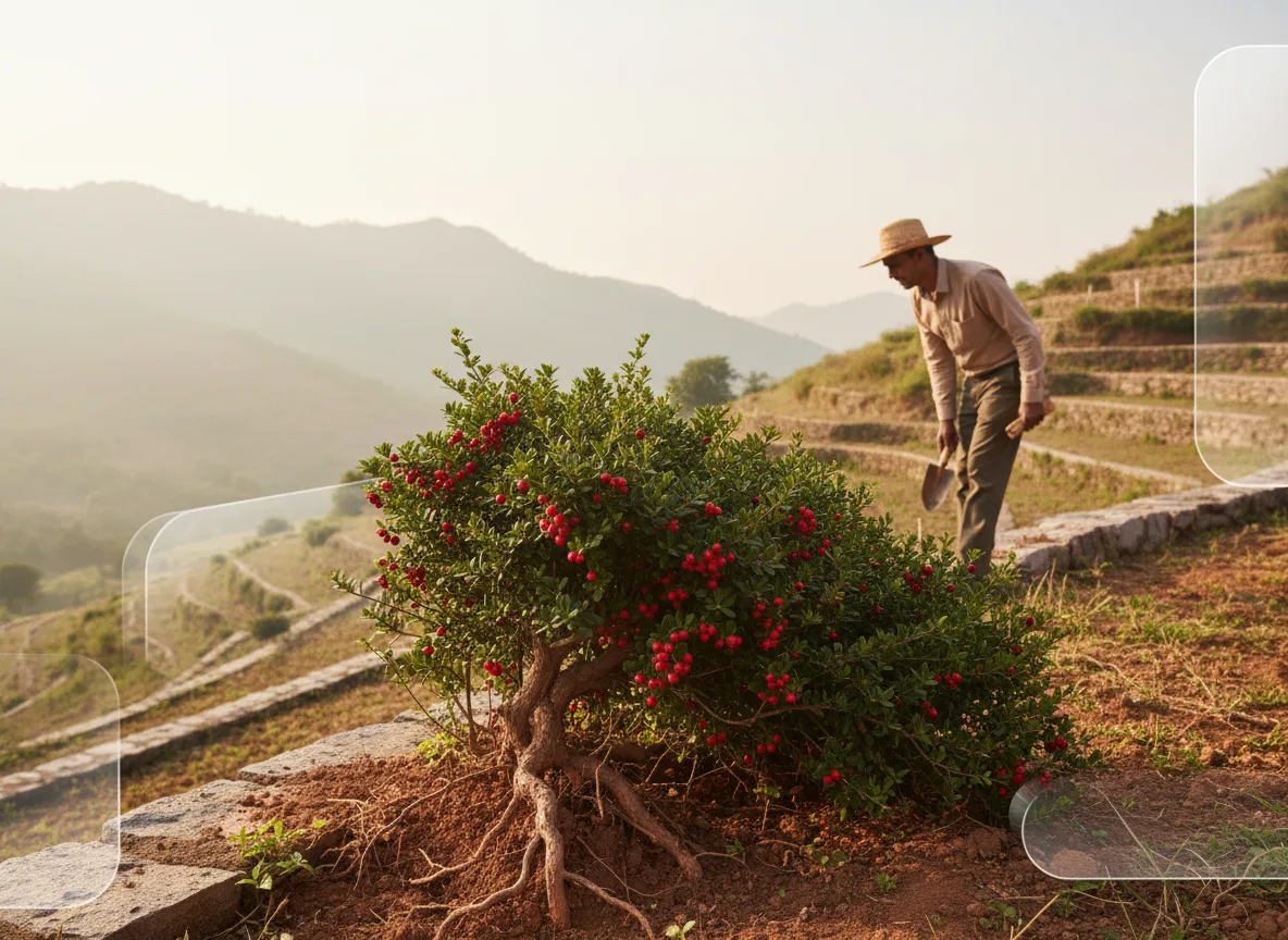 A Cotoneaster shrub with vibrant red berries growing on a terraced farm in Jharkhand, helping prevent soil erosion.