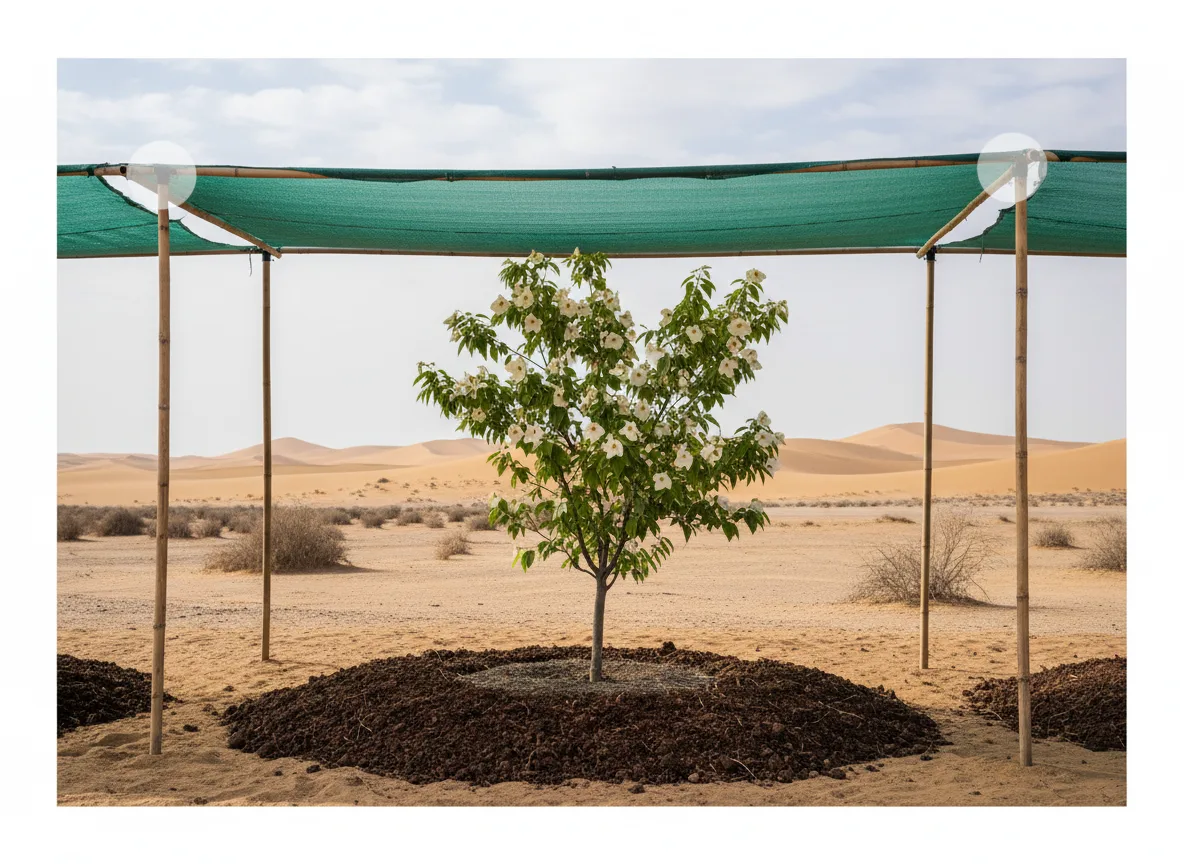 A young Himalayan Dogwood tree with white flowers growing successfully under a shade net in the Thar Desert.