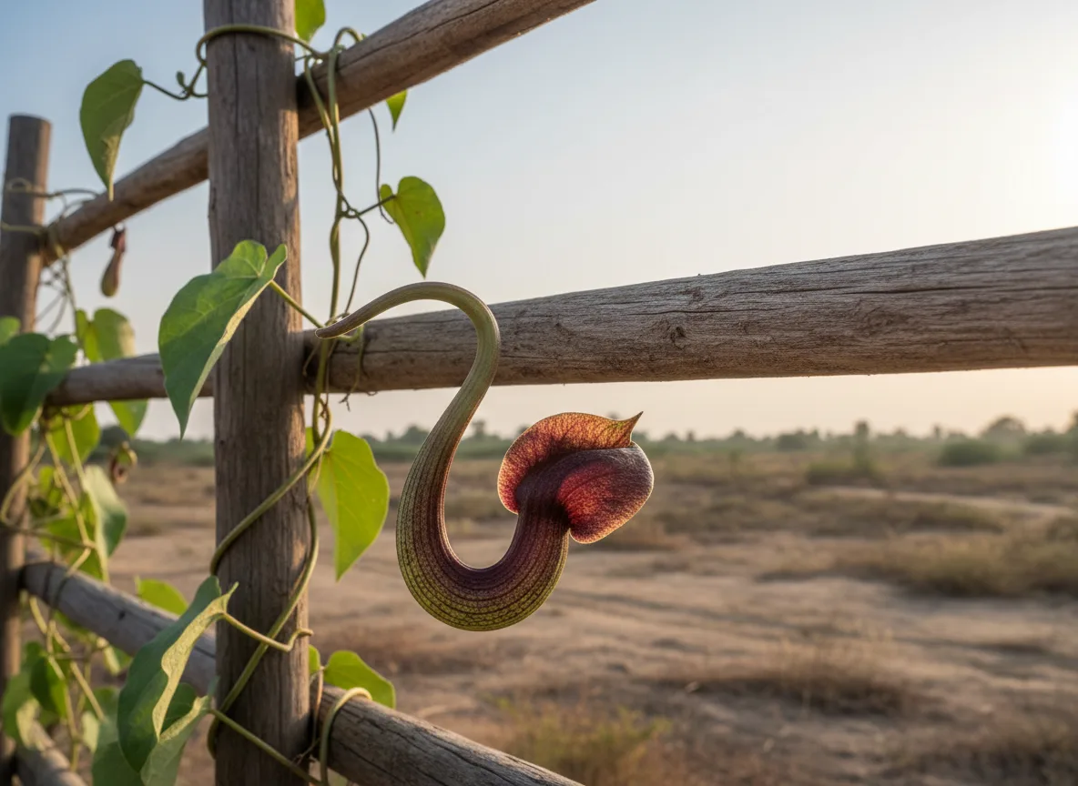 The unique, curved flower of the Dutchman's Pipe vine (Isharmul) climbing a trellis in a Banaskantha field.