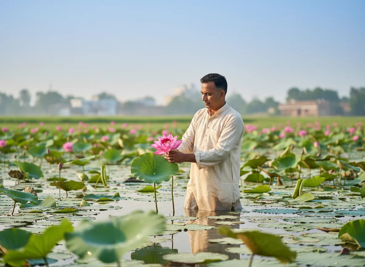 An Indian farmer in a pond in Uttar Pradesh harvesting a pink lotus flower, demonstrating successful lotus cultivation.