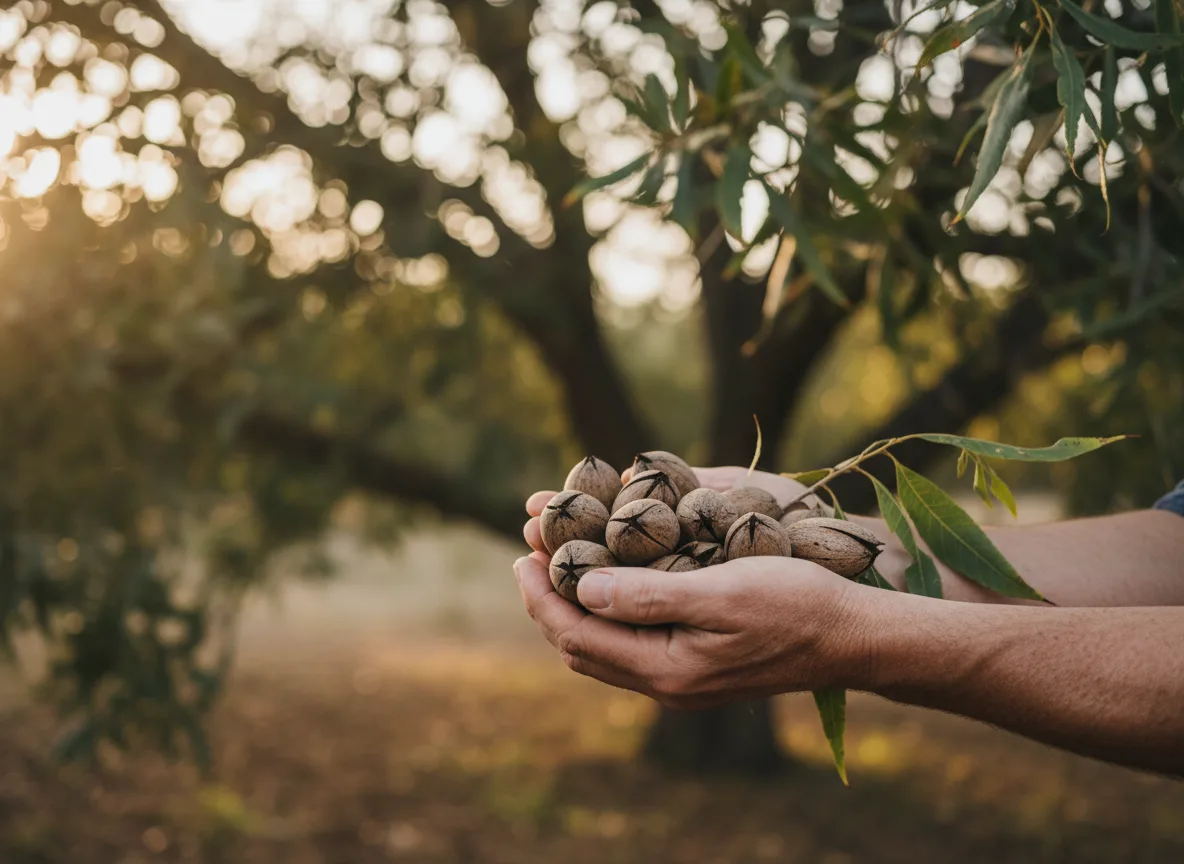 A farmer's hands cup a small pile of harvested in-shell pecan nuts, with a pecan orchard in the background.