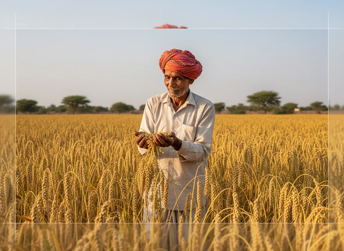 A farmer in Saurashtra inspecting golden, mature Proso Millet (Cheena) panicles in his field before harvest.