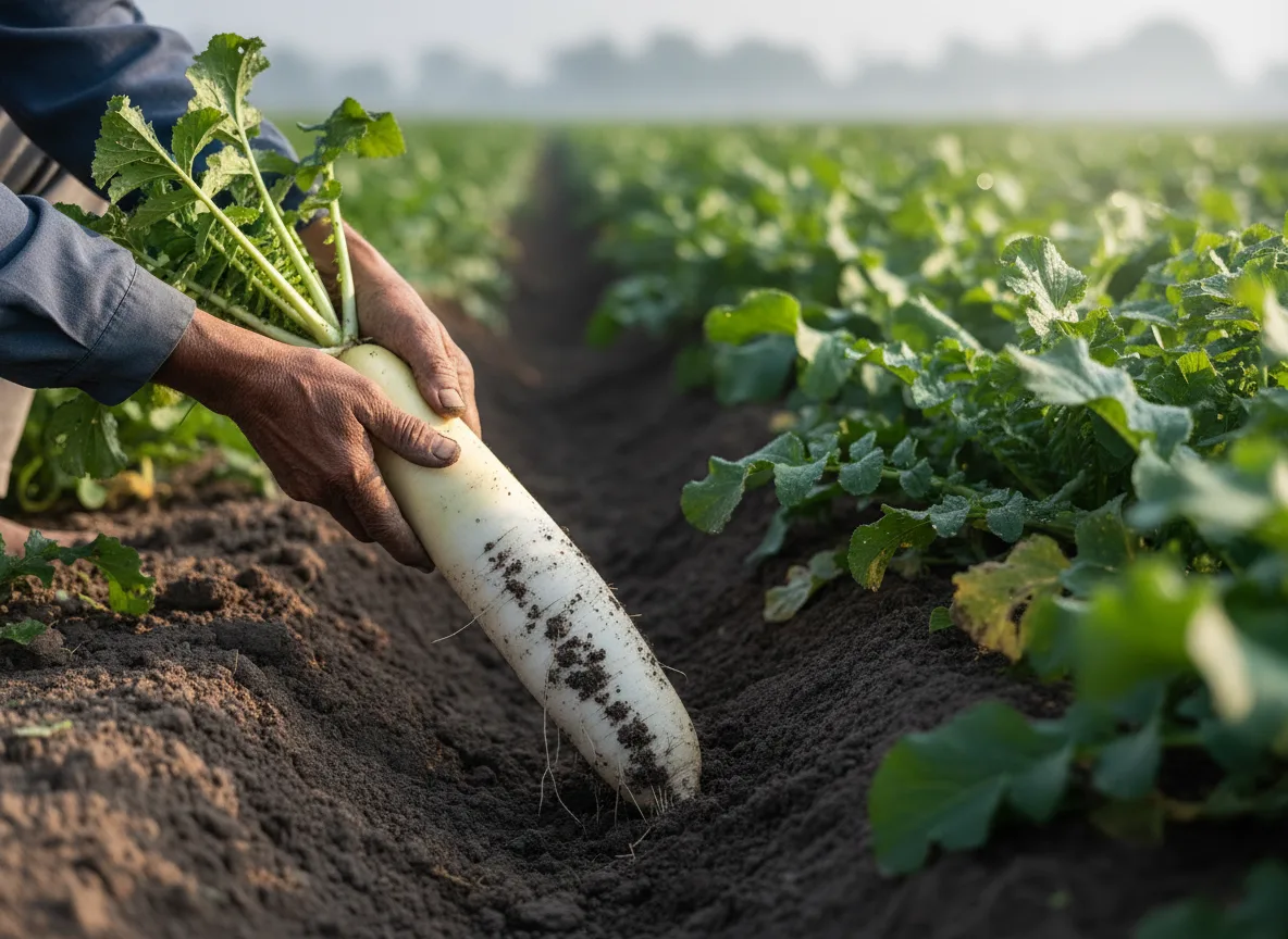A farmer harvesting a fresh, long white radish (Mooli) from the soil in a field in Ludhiana, Punjab.