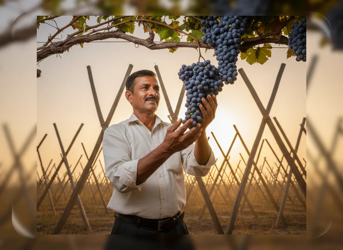 An Indian farmer carefully examines a bunch of ripe wine grapes in his vineyard in Marathwada.