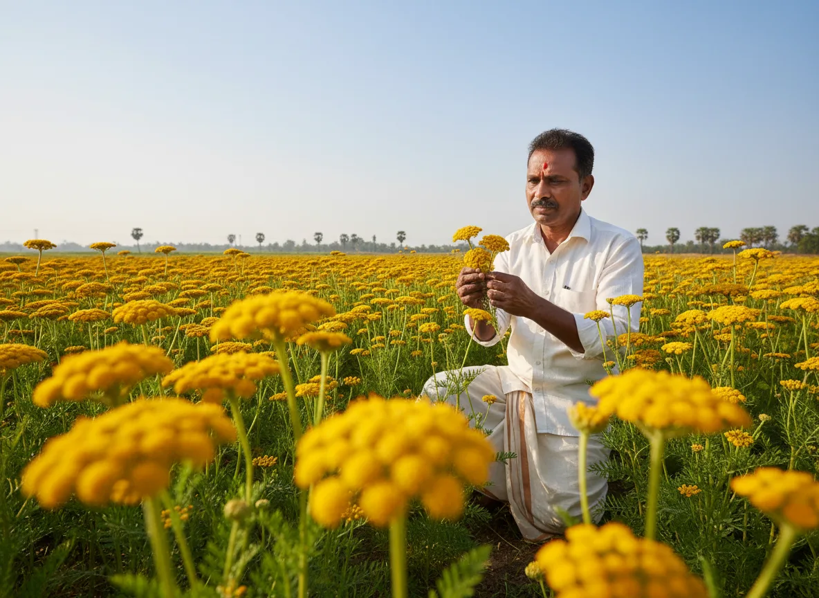 A field of golden yellow Achillea (Yarrow) flowers being inspected by a farmer in the Krishna-Godavari region of India.