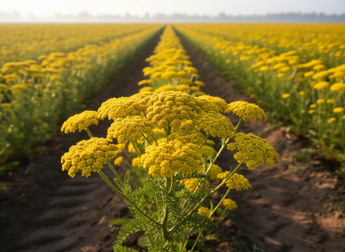 A vibrant yellow Achillea 'Coronation Gold' flower head in focus, part of a commercial farming field in India under the morning sun.
