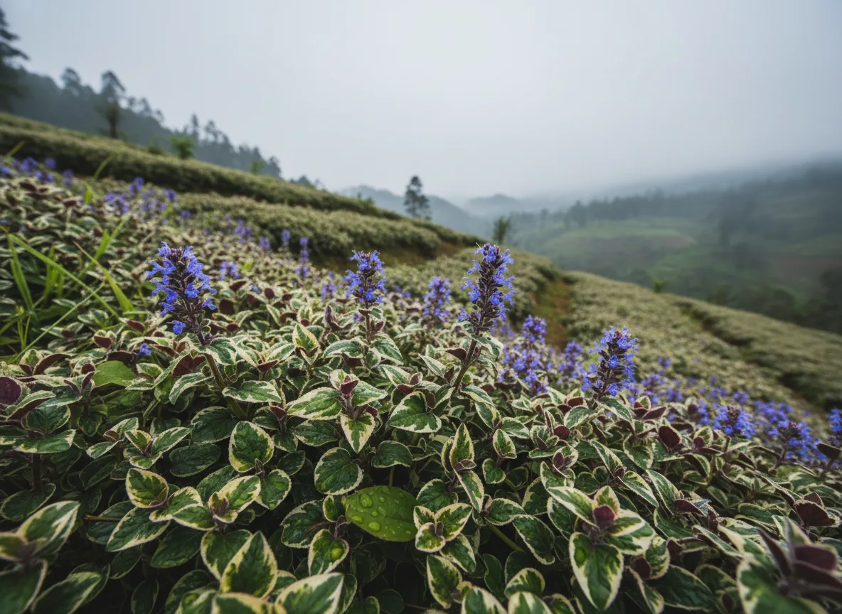 Lush Ajuga reptans with purple-tinged leaves and blue flower spikes growing as groundcover on a hillside in the Western Ghats.