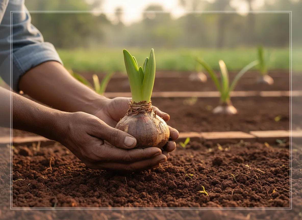 A farmer's hands carefully holding a large Amaryllis bulb over a prepared soil bed in a Konkan farm.