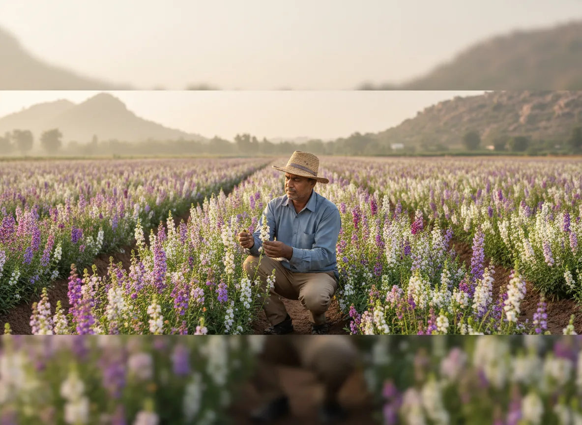 A farmer inspects healthy purple Angelonia flower spikes in a sunlit field in Kurnool, Andhra Pradesh.