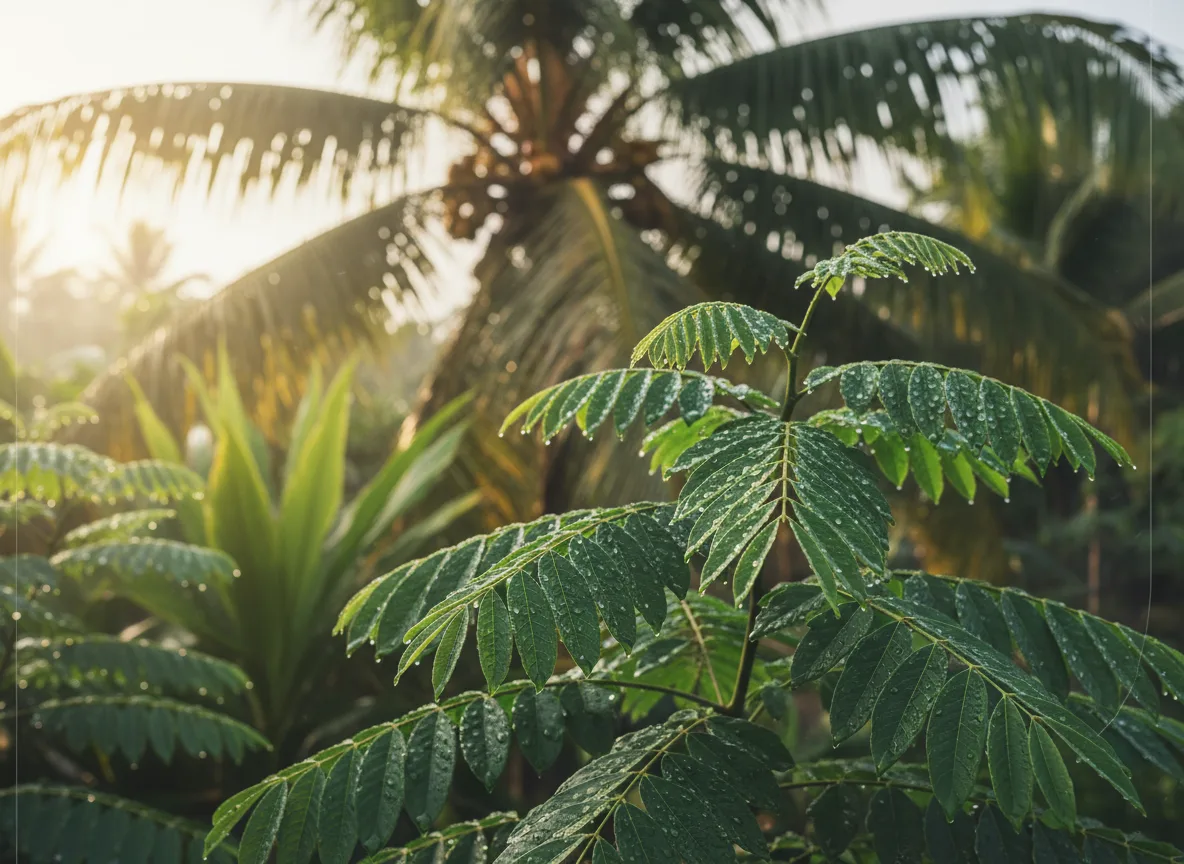 Lush, feathery green foliage of a Ming Aralia plant thriving in a tropical Kerala garden with filtered sunlight.