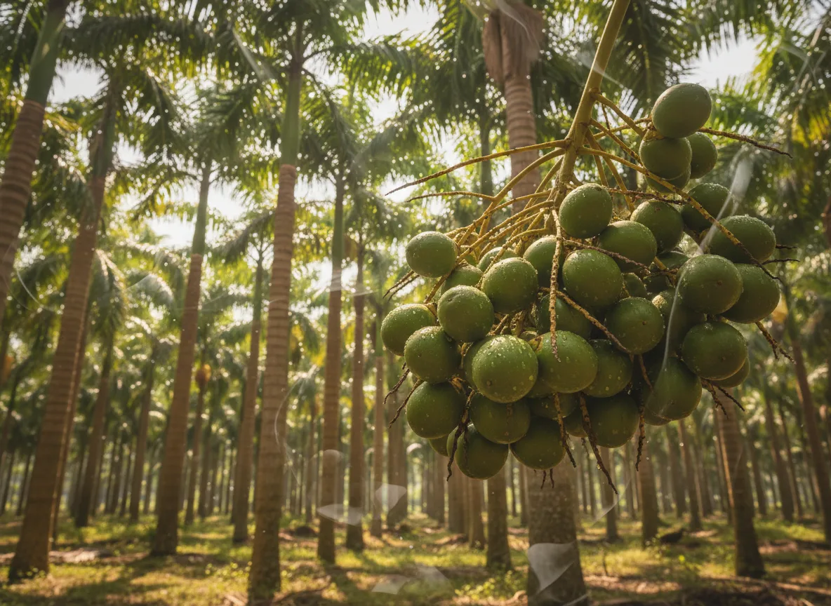 A mature bunch of green areca nuts hanging from a palm in a well-managed plantation in Coastal Andhra.