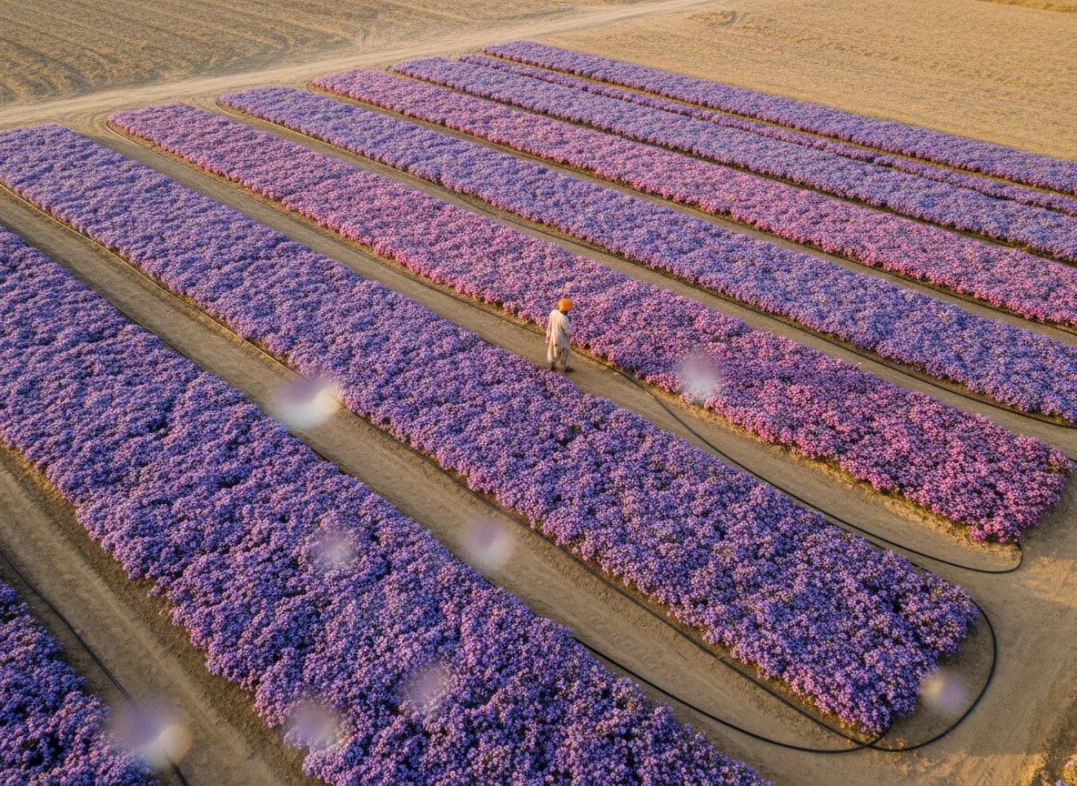 An aerial view of a flourishing Aster flower farm with rows of purple blooms in the Thar Desert, showcasing successful arid agriculture.
