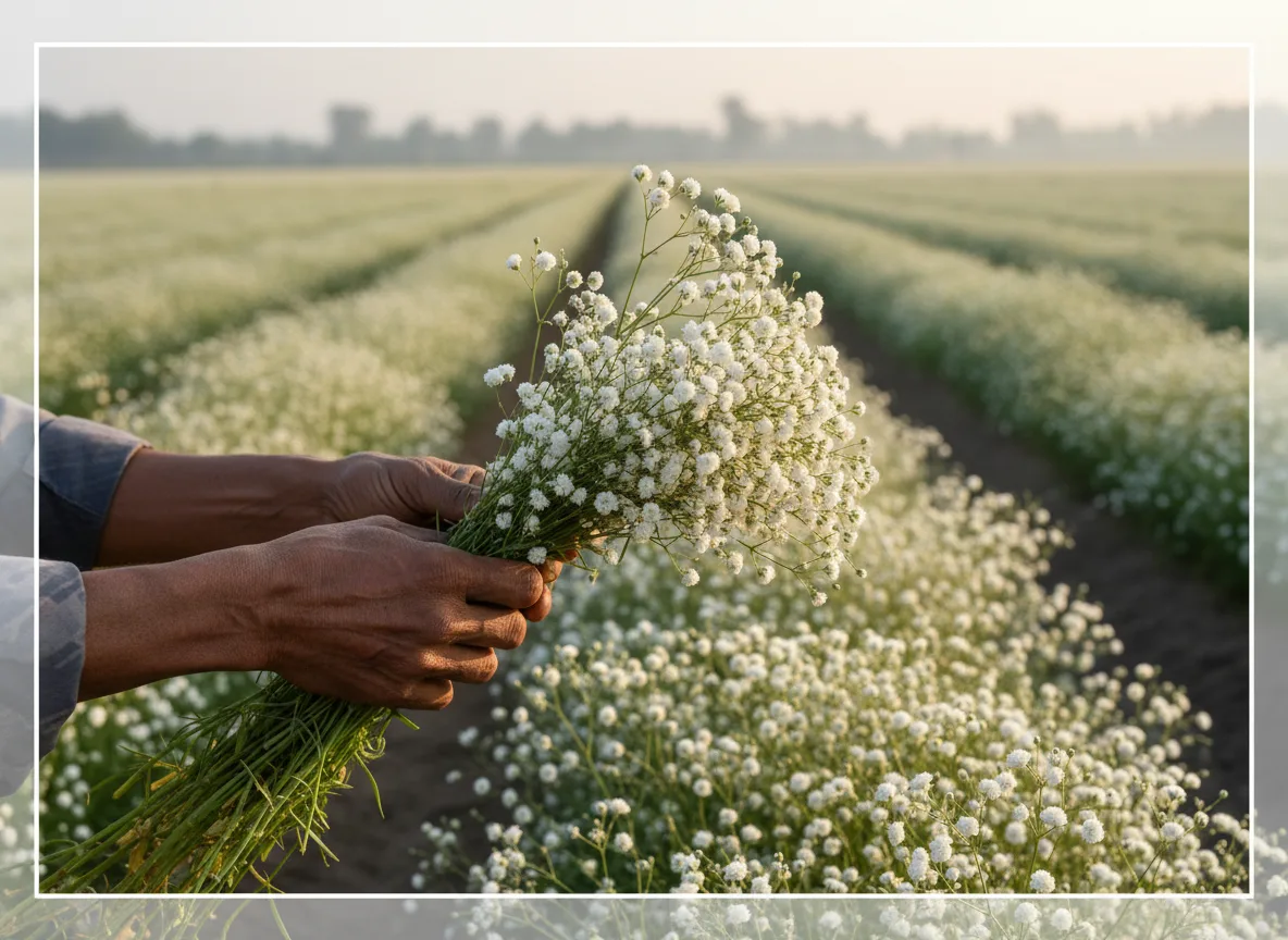 A farmer in Varanasi bundling freshly cut stems of white Baby's Breath flowers during an early morning harvest.