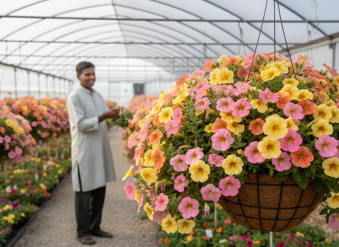 A lush Calibrachoa hanging basket with pink and yellow flowers, ready for market in an Uttar Pradesh polyhouse.