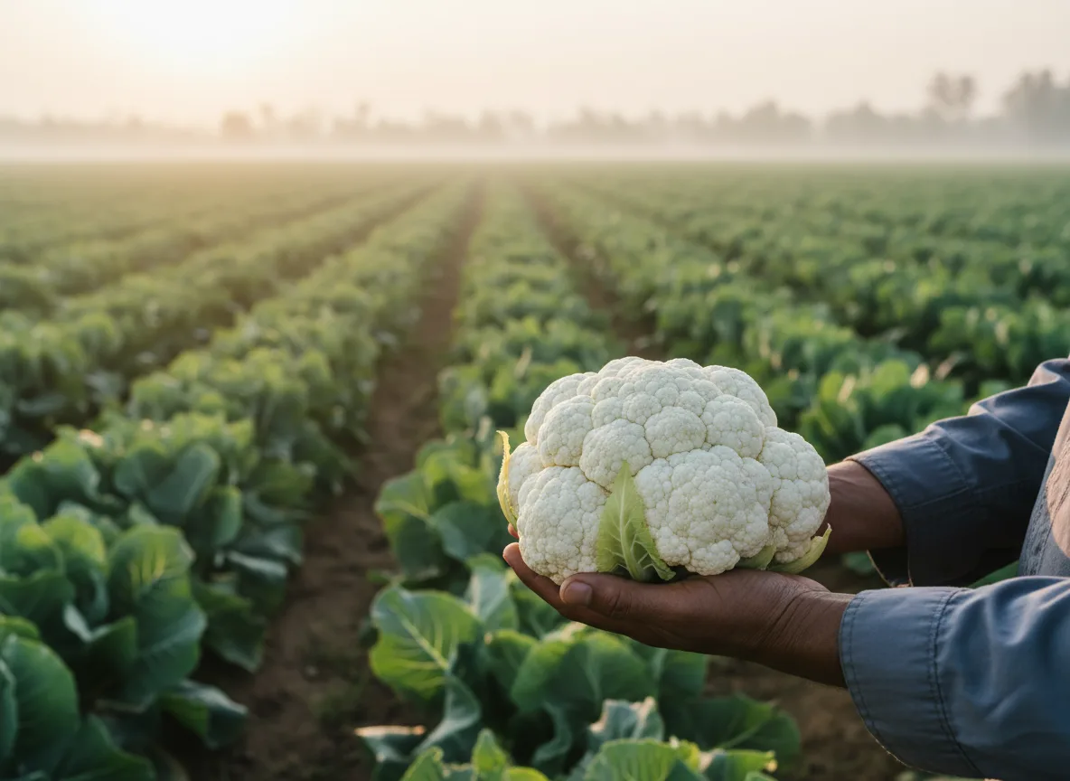 A farmer in Karnataka holding a large, white, high-quality cauliflower curd just harvested from the field.