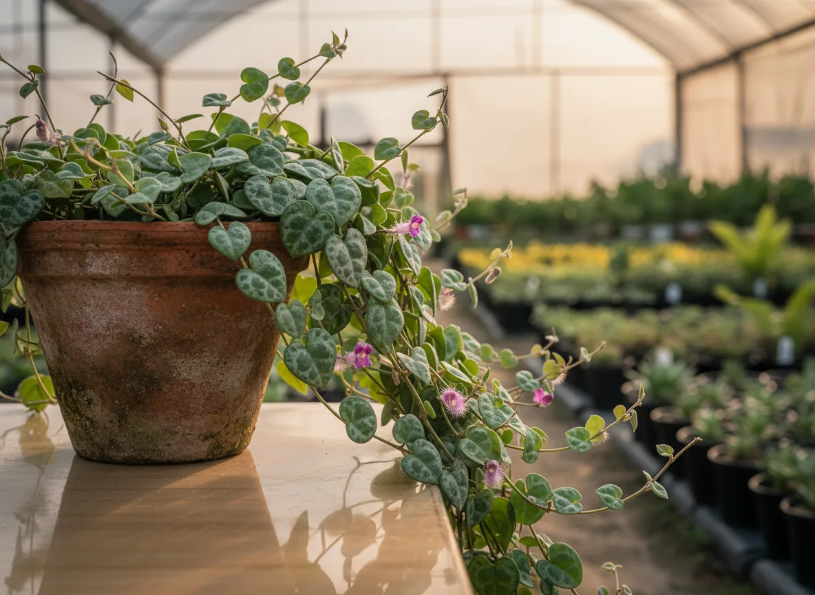 A healthy Chain of Hearts plant with silver-marbled leaves cascading from a pot in a Belagavi nursery.