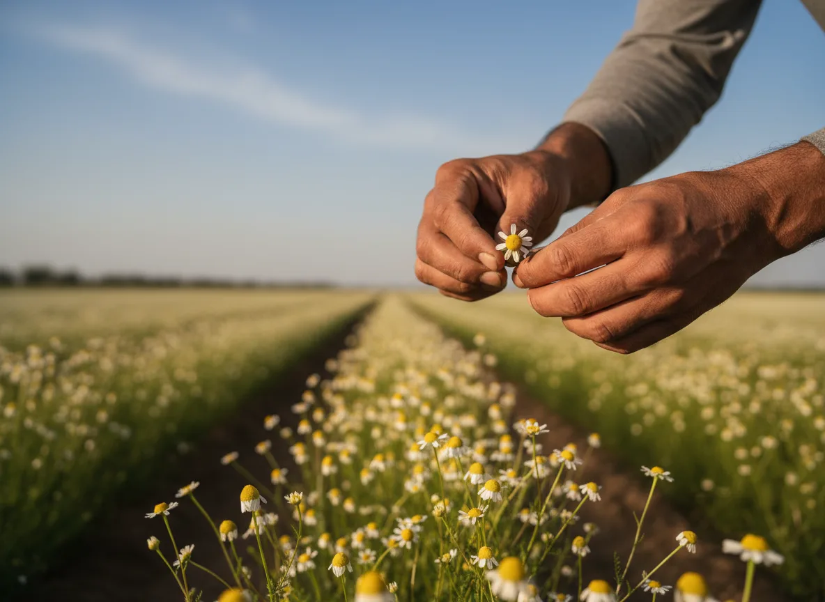A farmer in Vidarbha carefully hand-picking German chamomile flowers from a lush, blooming field during a sunny day.